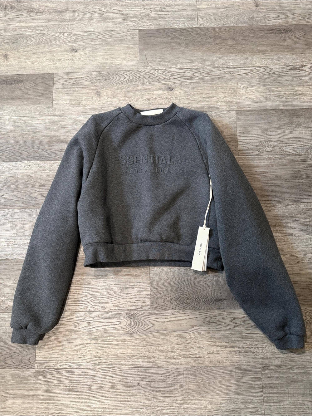 ESSENTIALS Women's Charcoal Raglan Cropped Crewneck - Embossed Oversized
